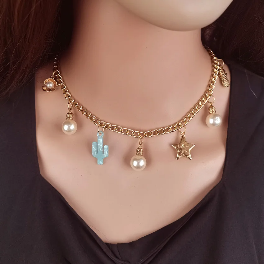 Pearl cactus star shell pendant necklace women's neck chain European and American cross-border popular jewelry first-hand source