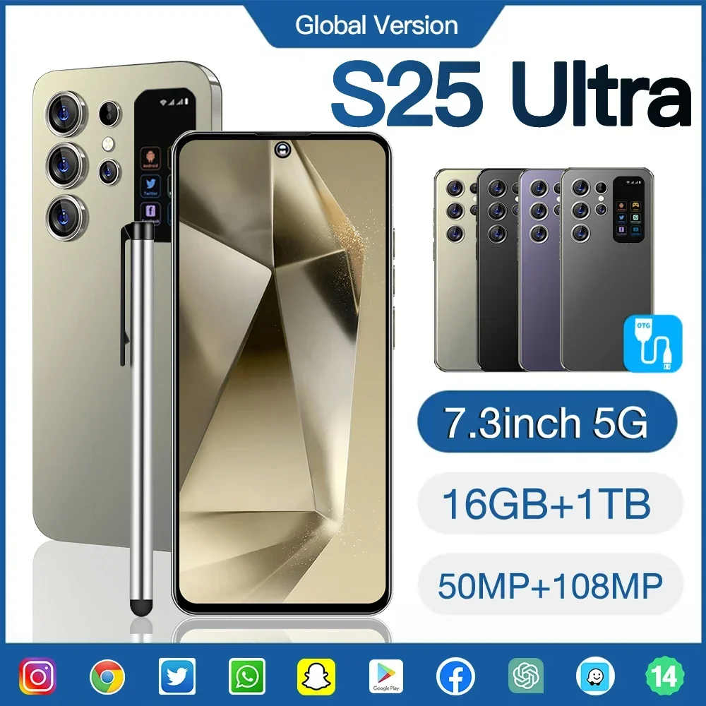 

2025 Brand New S25 Ultra Smartphone 5G Original Mobile Phone 16+1TB 7.3inch HD Screen Unlocked Dual SIM Cards Cell phone