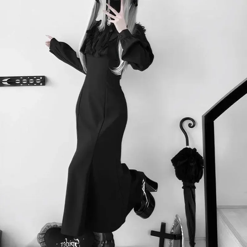 Vestido gótico de renda feminino início do outono novo a linha vestidos pretos casuais japonês y2k subcultural roupas coreanas vestidos de mujer