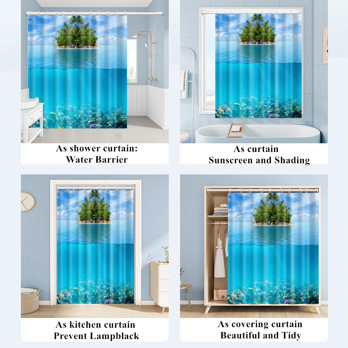 Dolphin Shower Curtain Blue Underwater World Beach Polyester Fabric Kids Ocean Theme Waterproof Bathroom Decor Set with 12 Hooks