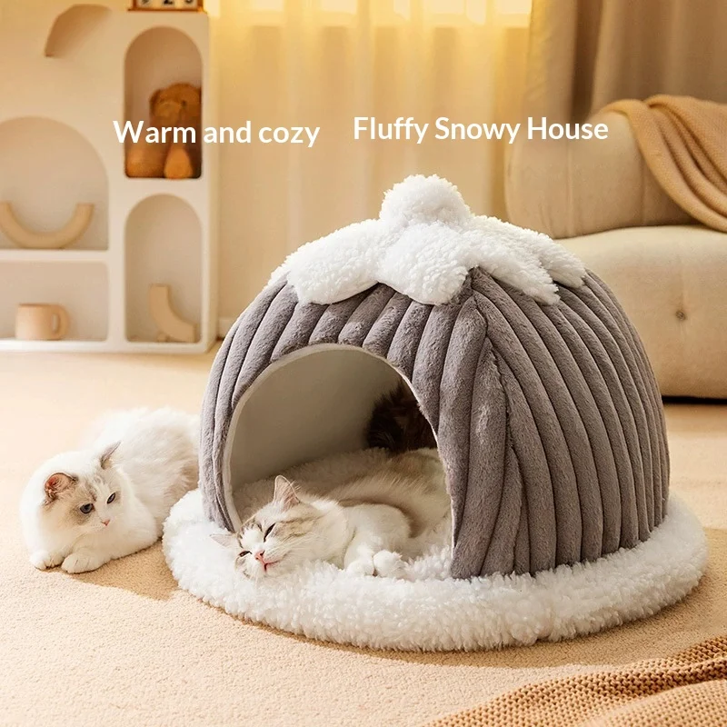 

New Winter Warm Plush Cat Bed Semi Enclosed Hooded Cave with Removable Cushion Machine Washable Cozy Calming Pet Bed