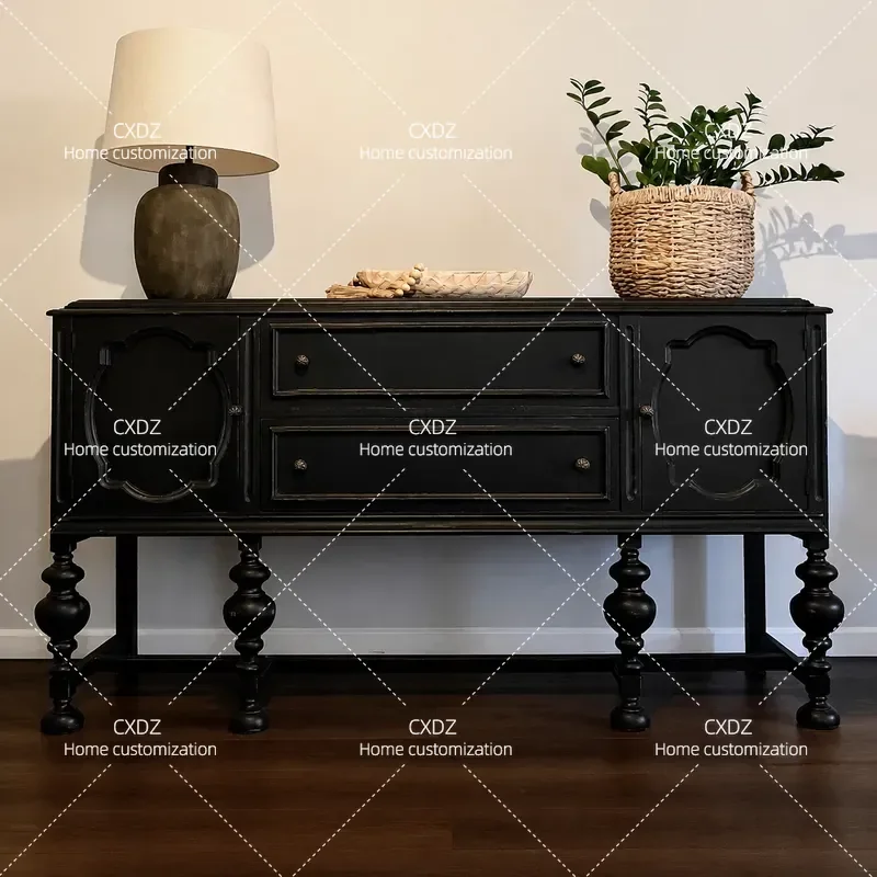 French Retro Solid Wood Porch Cabinet Villa Antique Style Living Room Wall Carved Locker American Light Luxury Dining Side