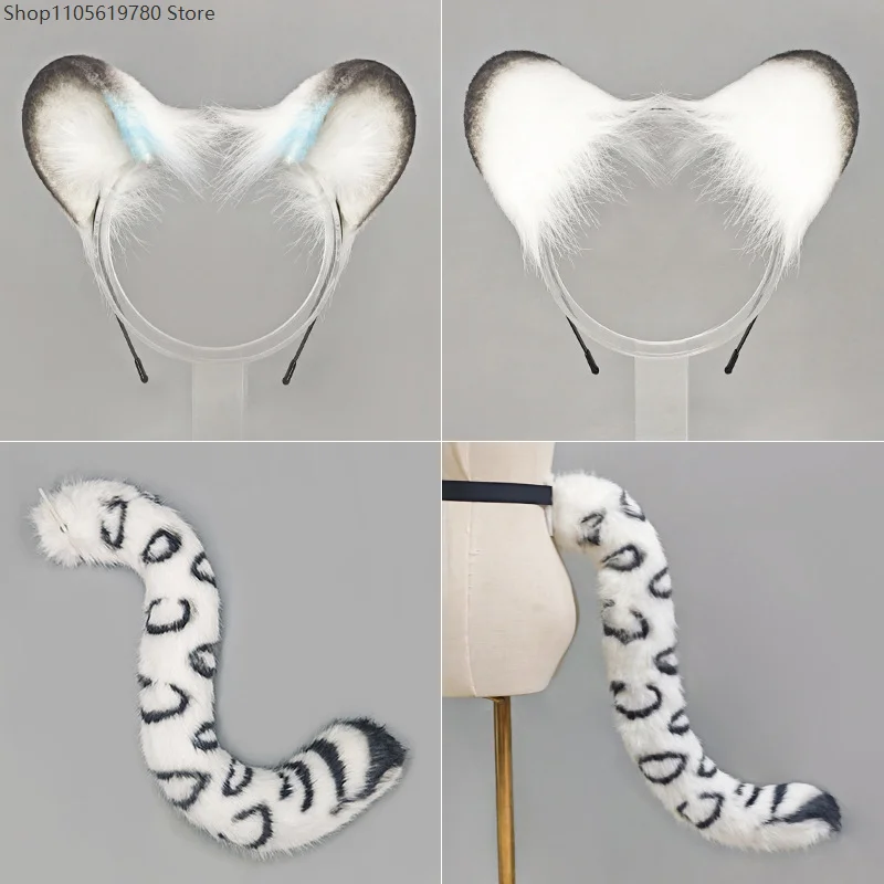 New Handmade Snow Leopard Furry Ears Headband Cute Plush Matching Tail Set For Night Club Party Cosplay Dress Up Costume Props