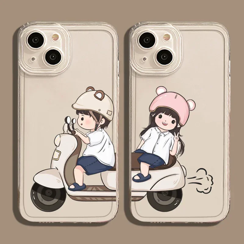 Driving Motorcycle Clear Couple Lovers Phone Case For iPhone 16 13 15 11 12 14 Pro XS 13Mini XR 7 15 Plus SE Paired Cover Fundas