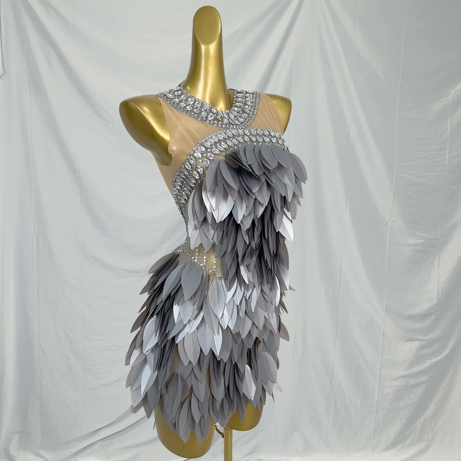 Sparkling Silver Sequin Leaves Night Club Mini Dress Women Rhinestone Banquet Party Bodycon Dress Dinner Gown Festival Outfit