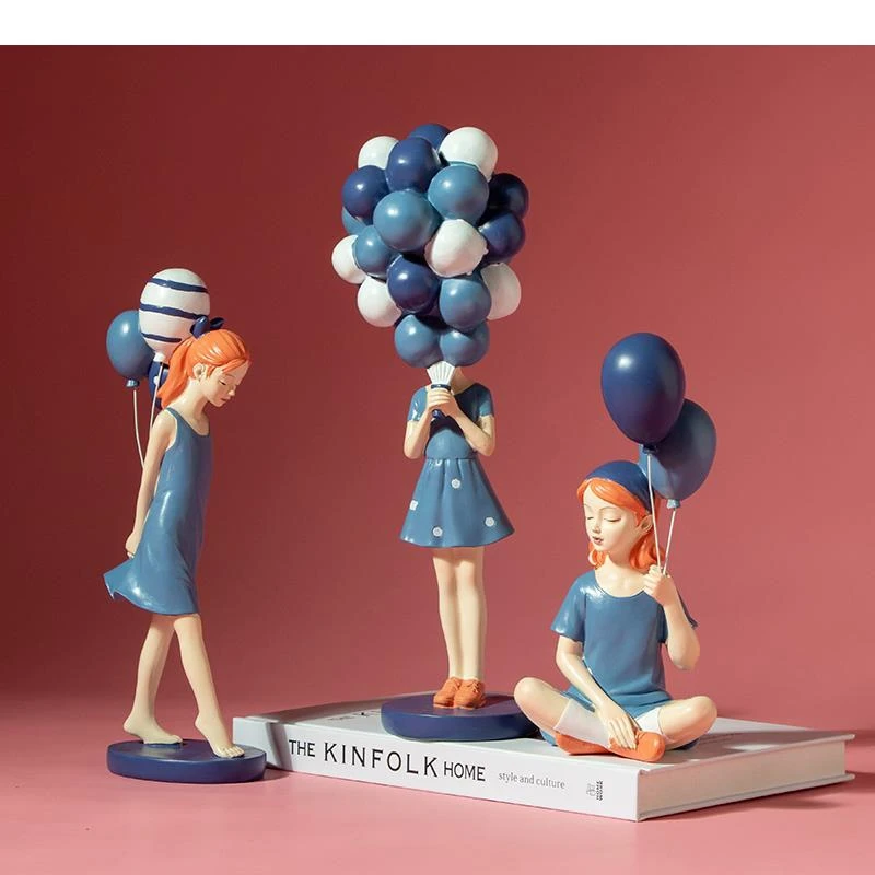 European Resin Blue Cute Balloon Girl Sculpture Crafts Desktop Decoration Cartoon Figure Figurine Birthday Gift Home