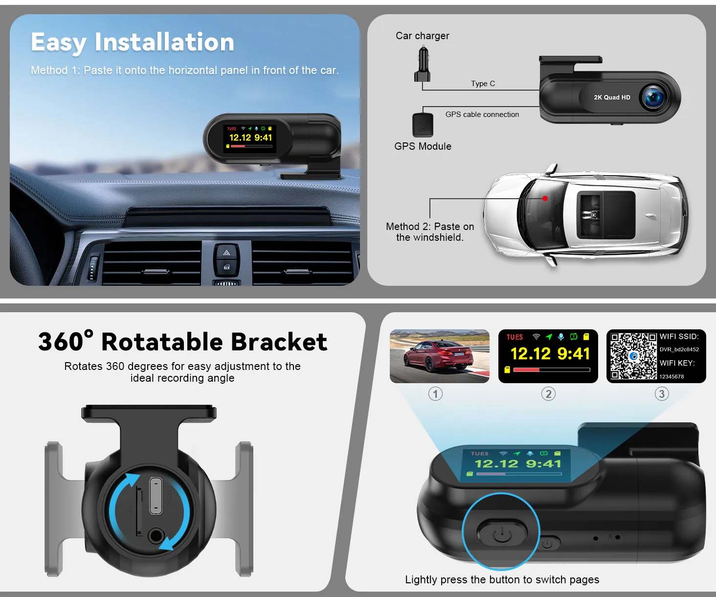 Mini 2K Dashcam WiFi Auto-DVR-Kamera Dashcam unterstützt GPS, Loop-Aufnahme, Nachtsicht, G-Sensor, Parküberwachung, Fahrtenschreiber – Detail 11
