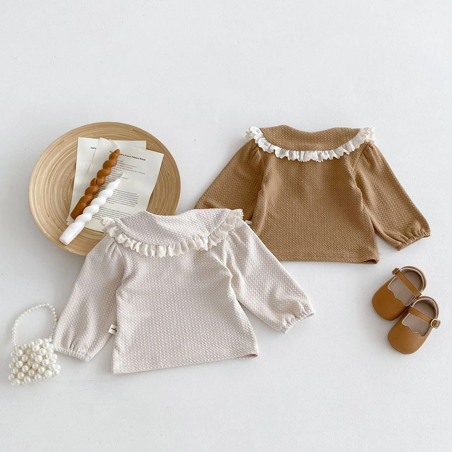 Autumn Newborn Infant Baby Girls Lapel Lace Elastic Force T-Shirt Muslin Long Sleeve Kids Fashion Baby Clothing