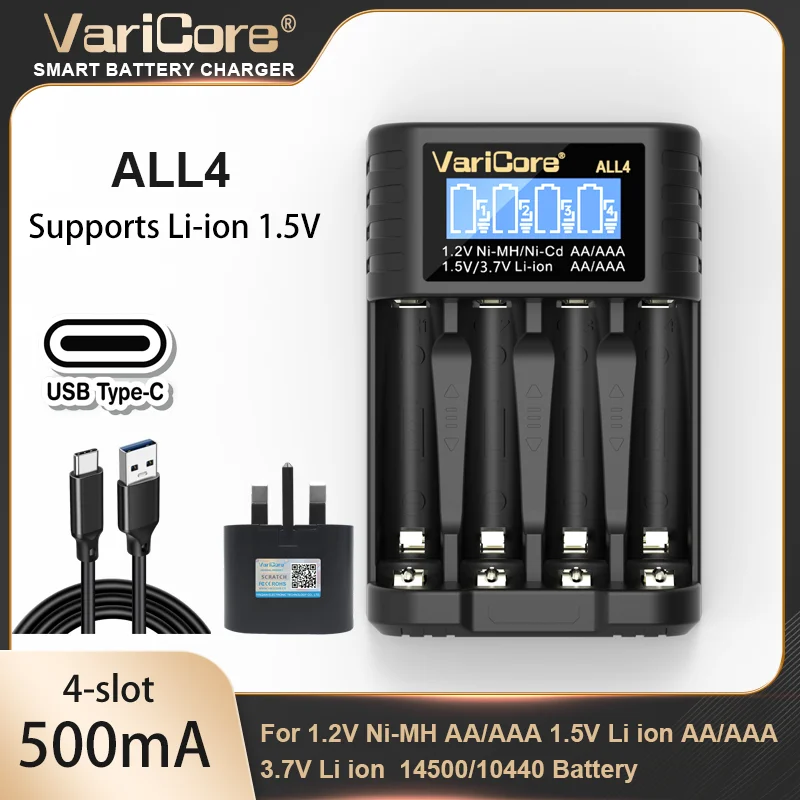 Caricabatteria Varicore 4 slot per 3,7 V Li-ion 14500 10440 1,2 V Ni-MH Ni-Cd AA AAA 1,5 V Ricarica rapida e sicura