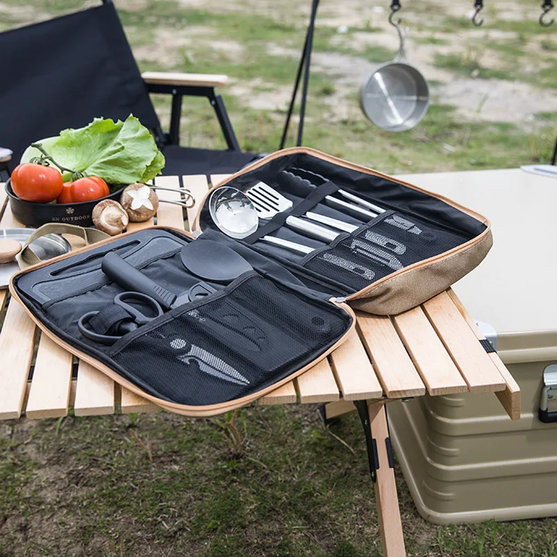 8pcs Camping Kitchen Cookware Set Portable Bag Outdoor Travel Utensils Storage Bag Stainless Steel Cooking Set for BBQ Picnic