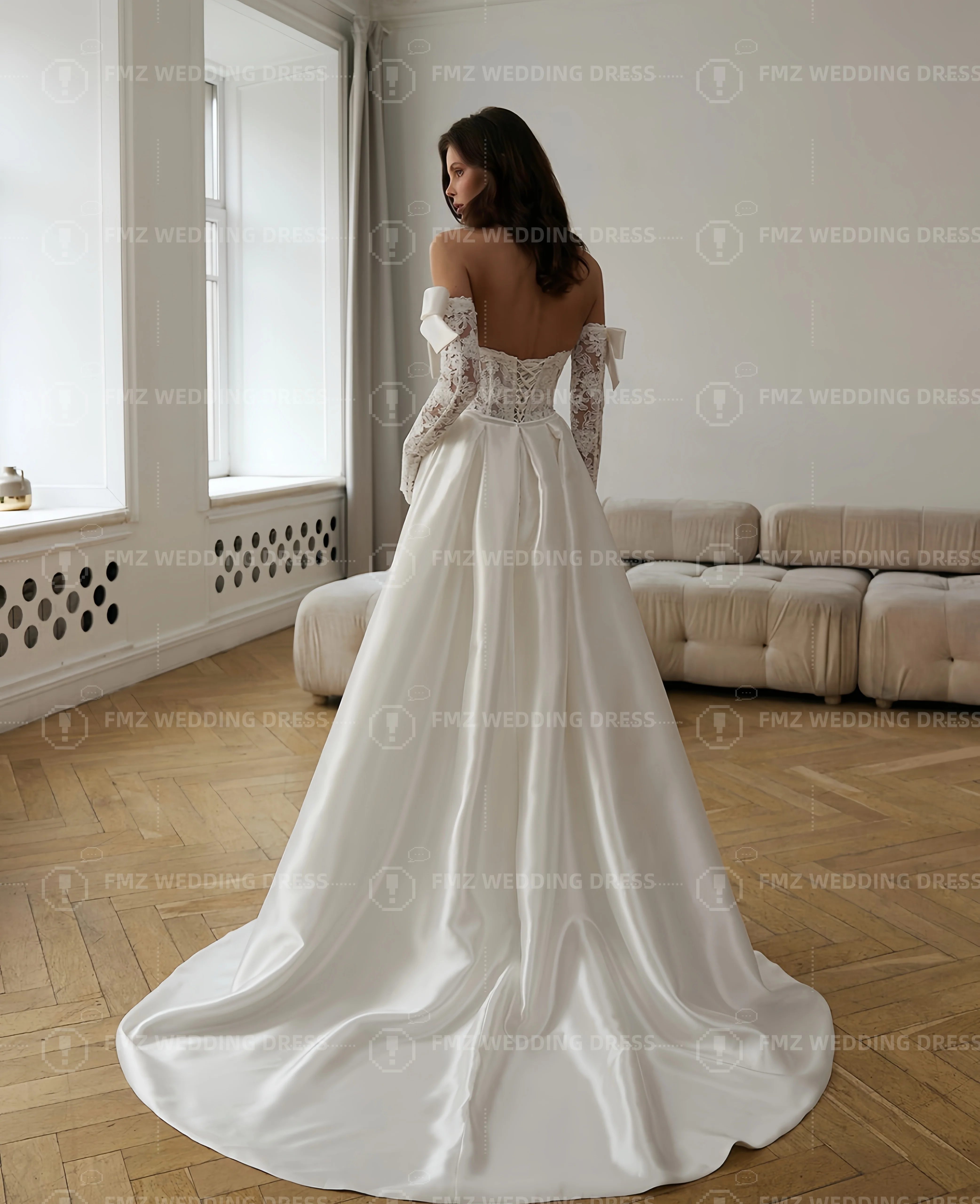 فستان زفاف أنيق بياقة حلوة وأكمام طويلة على شكل حرف a من الدانتيل فستان زفاف أنيق من فيستدوس دي نوفيا أماندا نوفيا أماندا نوفيا رسمي