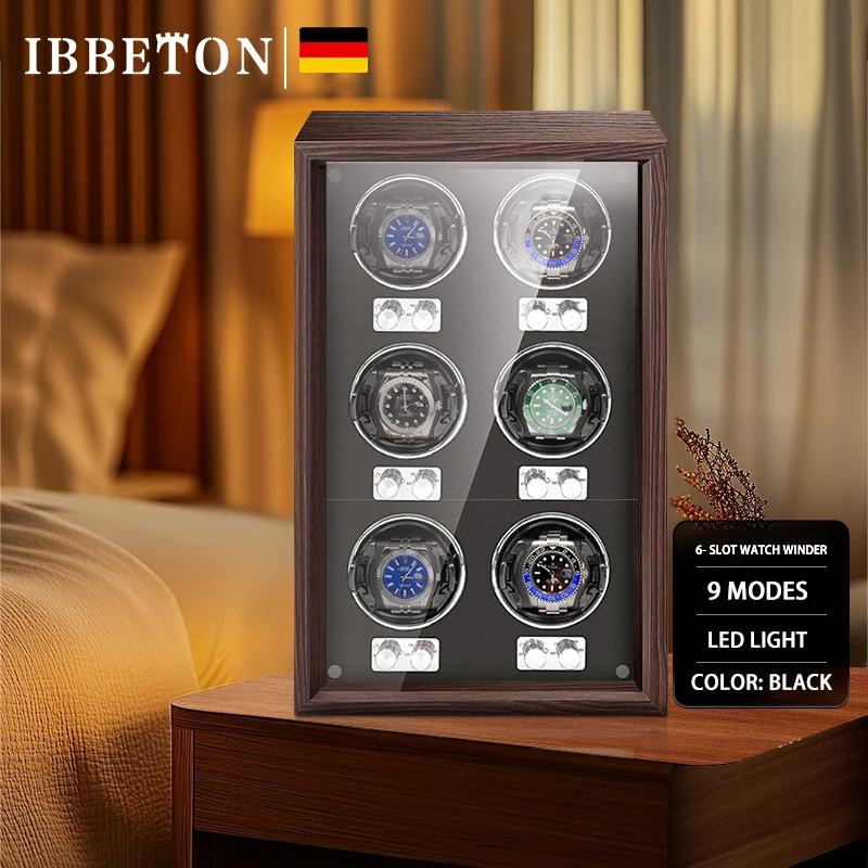 IBBETON Luxury Brand Wood Watch Winder High-End  6 Slot Automatic Watches Box with Mabuchi Moto Watch Cabinet Clock Storage Box