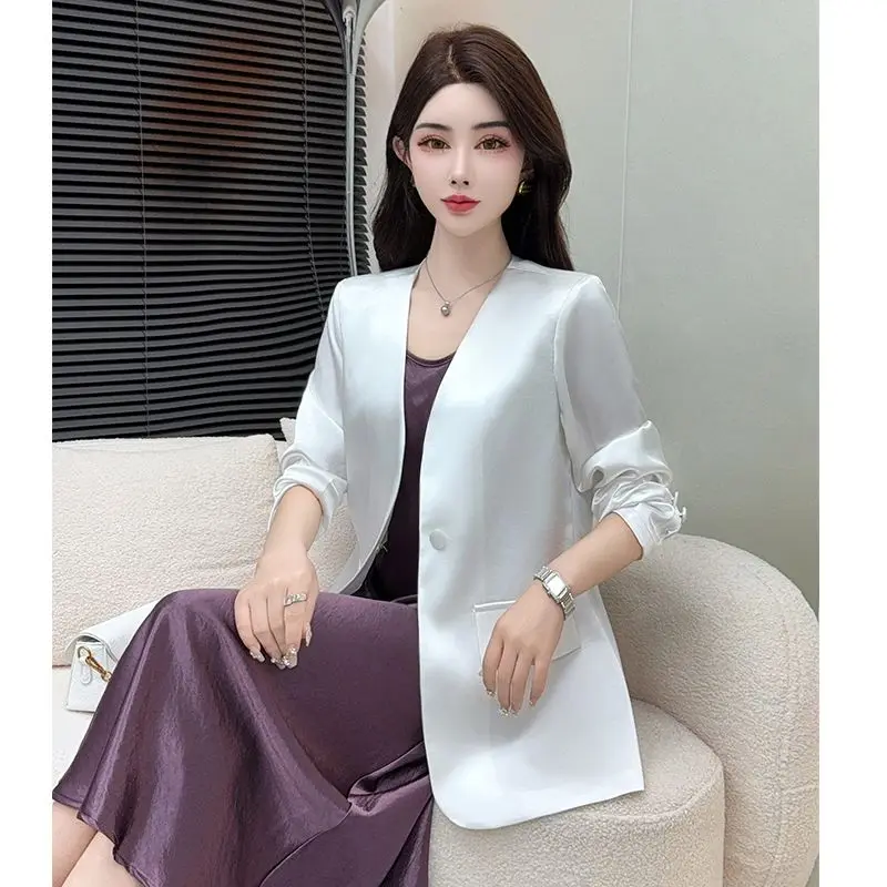 Summer  Gilt Satin Material Slim V-neck Casual Style Suit Internet Celebrity Fashion Small Suit Light Luxury Versatile Blazers