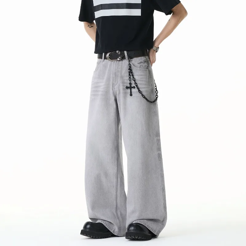 

American Style Light Gray Men's Jeans 2026 Spring Summer Denim Long Pants Vintage Washed Straight Wide Leg Trousers