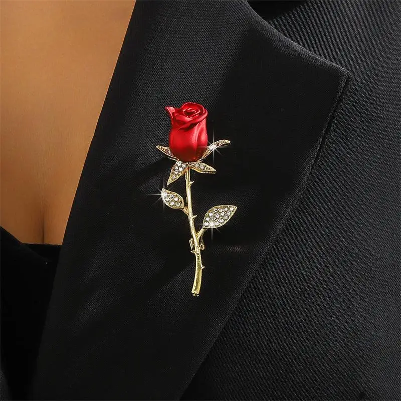 Creative Beautiful Rhinestone Rose Flower Brooches For Women Lady Elegant Flower Pin Summer Wedding Party Valentine's Day Gift