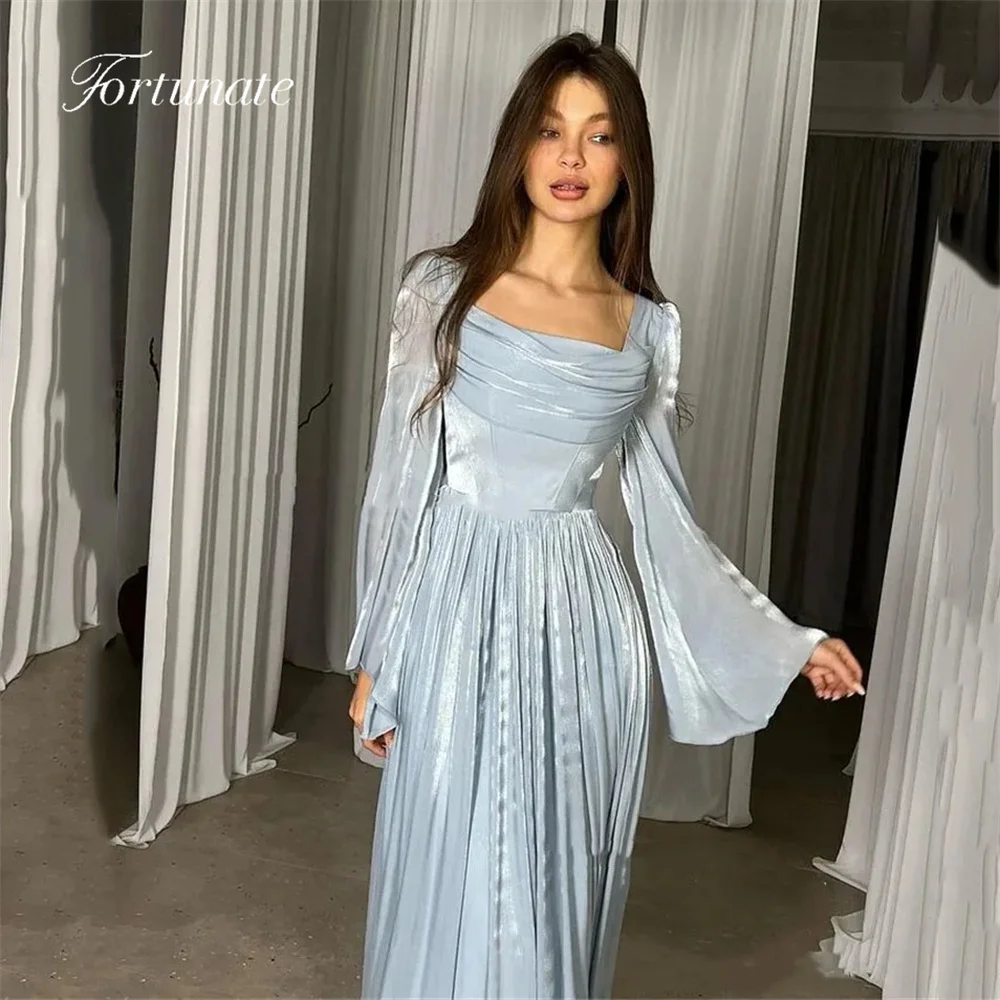 Customized Elegant Blue Organza Pleated Evening Dresses Simple Long Sleeves A-Line Square Collar Prom Party Gown 2025