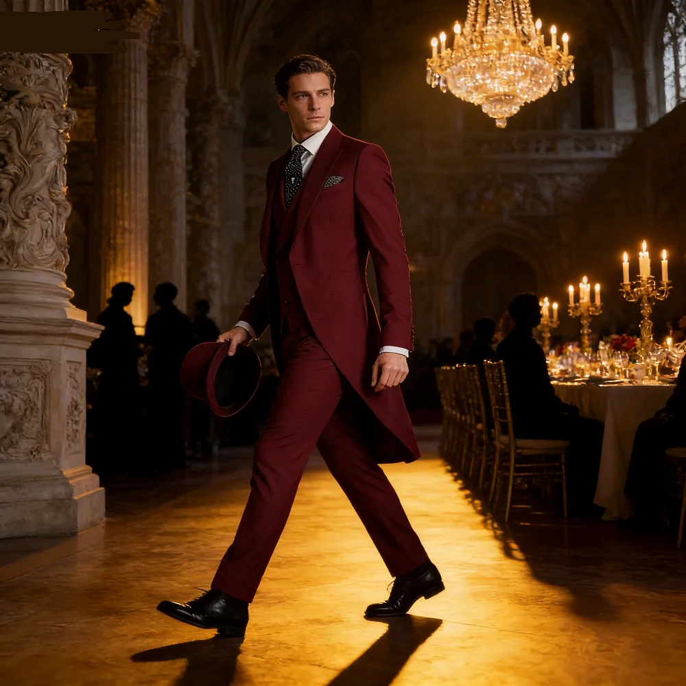 

Elegant Rose Red 3-Piece Slim Fit Men's Suit Double Breasted Blazer Vest Pants Set for Wedding Groom Tuxedo Business Party