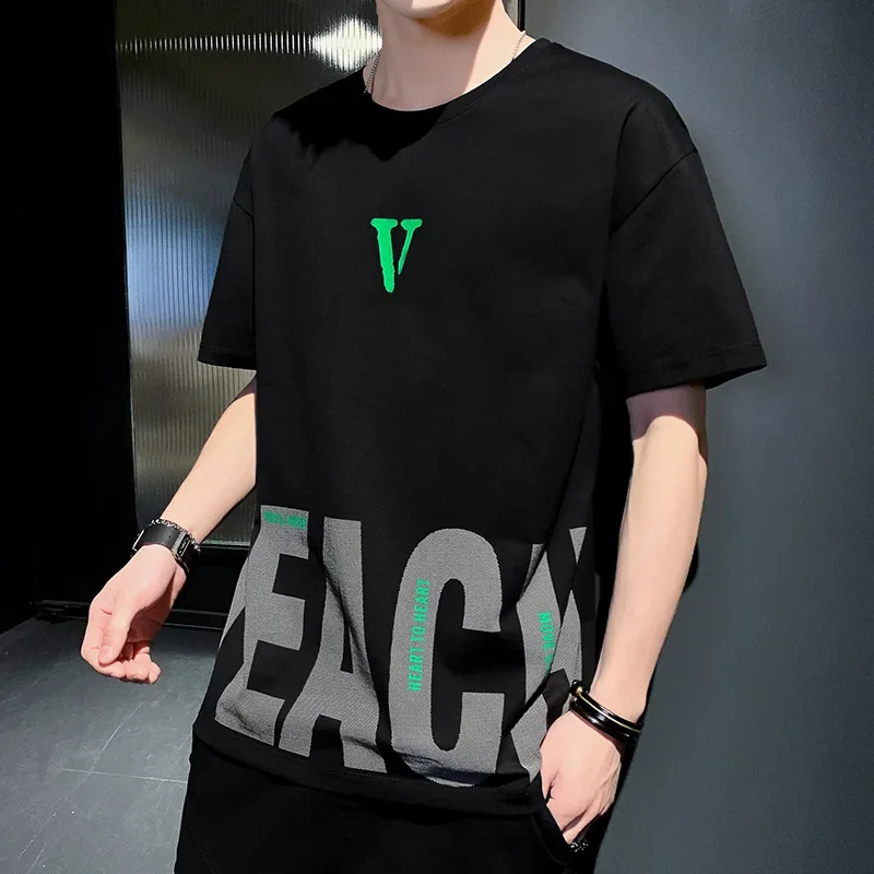 2024 Summer New Men's Short Sleeve T-shirt Loose Fit Fashionable Stylish Korean Version Ins Trendy Printed Half Sleeve Male Top