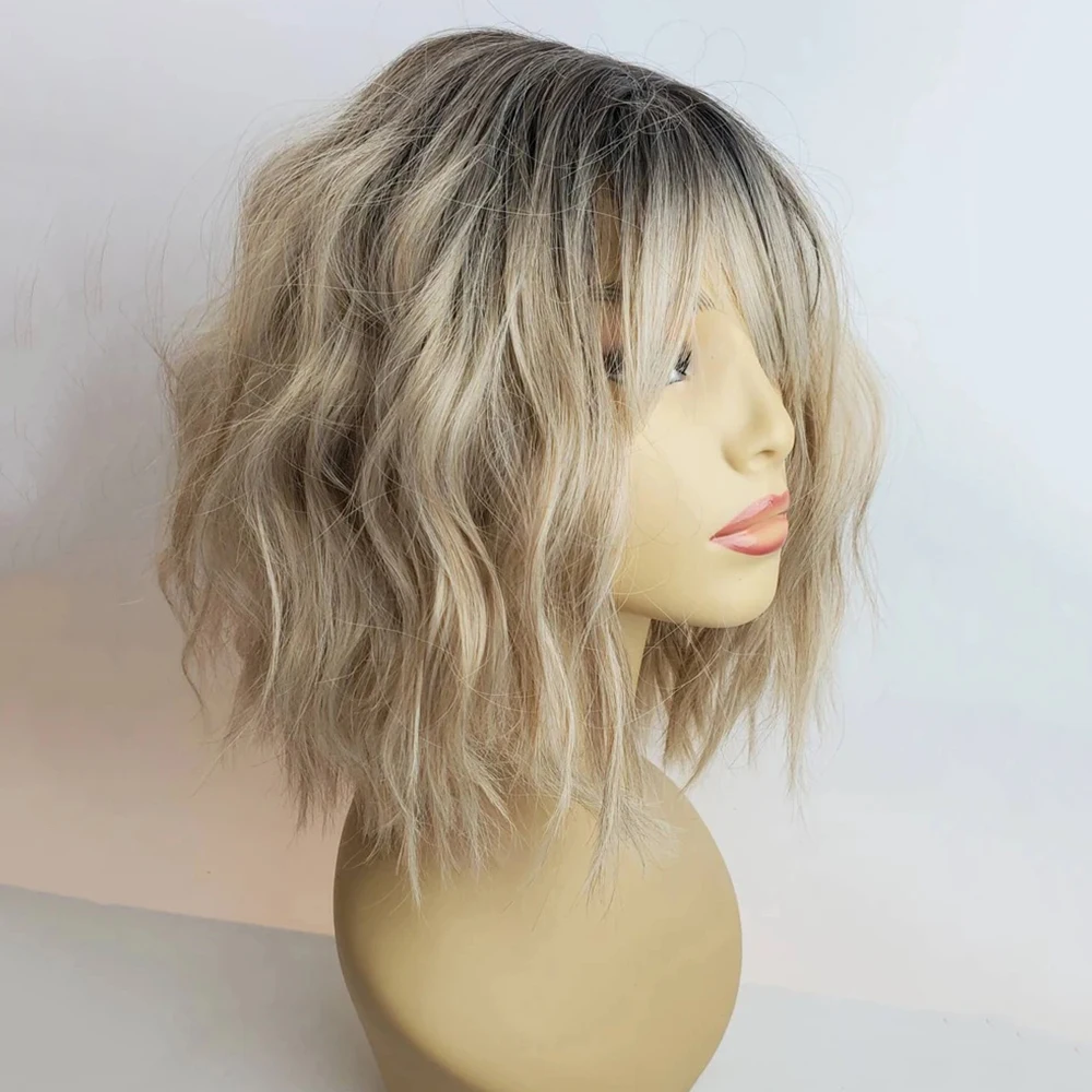 Rooted Blonde Bob Wig with Bangs Heat Resistant Fiber Highlighted Fringe Wavy Wig Synthetic Lace Front Wig for Women Daily Use