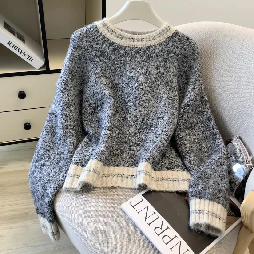 

Women's Grey O-Neck Pullover Sweater Vintage 2000s Y2k Jumper Top Knitwear Long Sleeves Cashmere Sweater Autumn Clothes New 2025