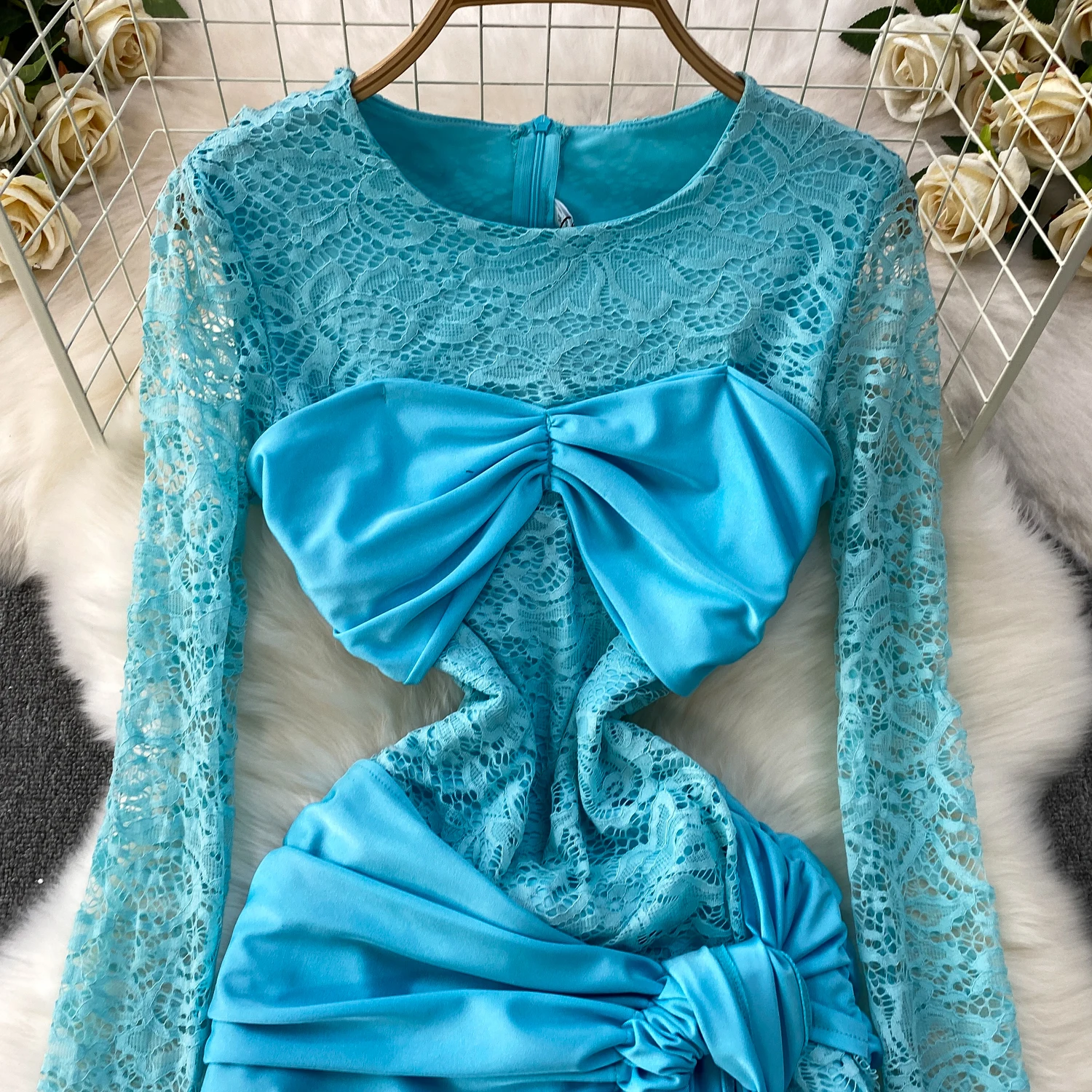 Sukienka damska zimowa luksusowa koronkowa satynowa jedwabna patchworkowa seksowna bandażowa podkreślająca biodra sukienka damska niebieska czarna na festiwal, kolację, bankiety