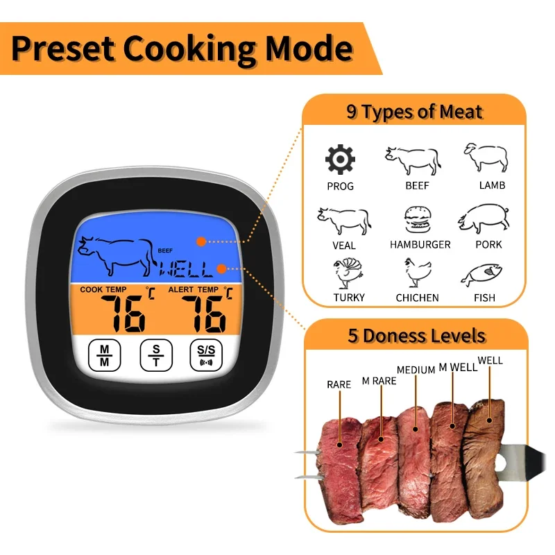 Digitales Küchenfleischthermometer mit Touchscreen-LCD-Display und Timer-Kochmodus zum Grillen – Präzisionssonde – Detail 3