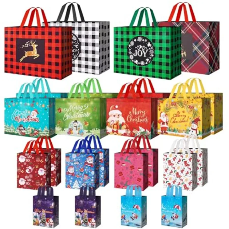 

24 Pack Christmas Gift Bags Assorted Sizes with Handle, Reusable Tote Gift Bags Includes 4 Extra Large, 8 Large, 8 Medium, 4 Sm
