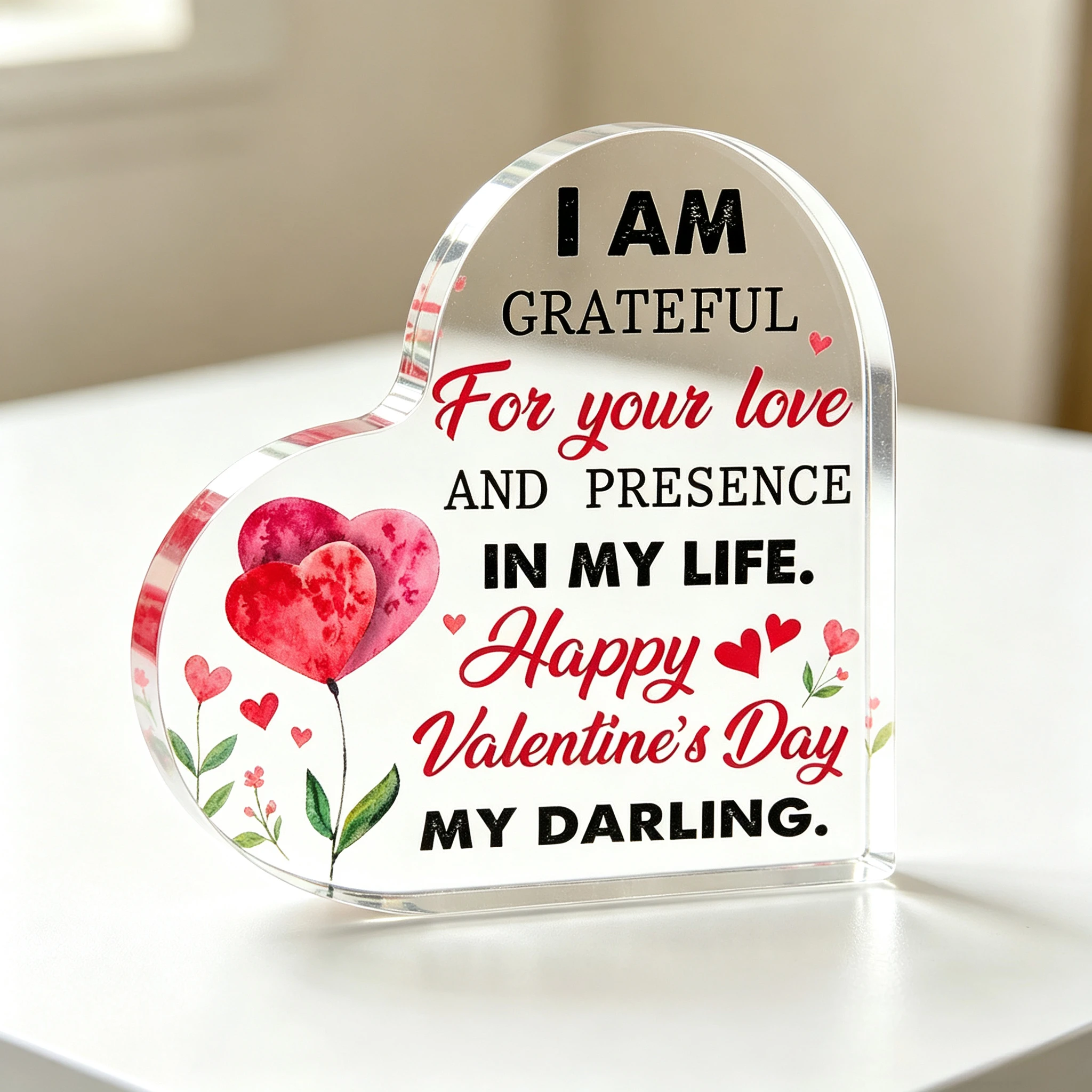 Watercolor Heart‑Bouquet Love Message Heart‑Shaped Acrylic Ornament, Couple Valentine Tabletop Home Decor