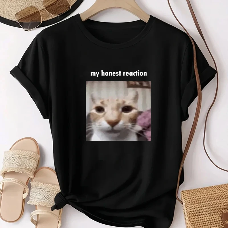 T-shirts drôles « My Honest Reaction » avec imprimé chat, hauts Y2K, t-shirts décontractés à manches courtes pour femmes, humoristiques, vêtements d'été pour femme