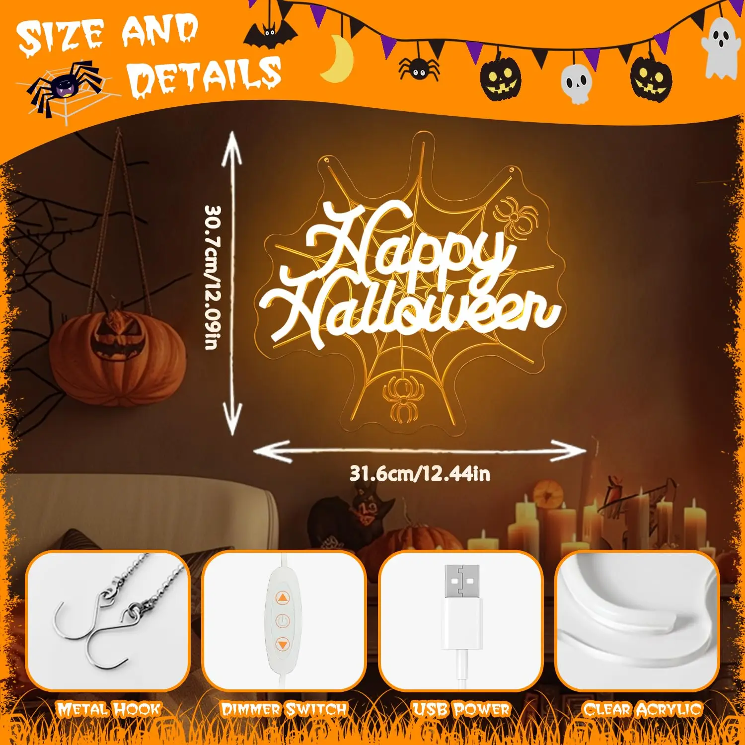 Happy Halloween LED Neon Sign for Wall Decor 3D Spider Web Glowing Gothic Light Up Party 5/12V USB power with Dimmable Switch