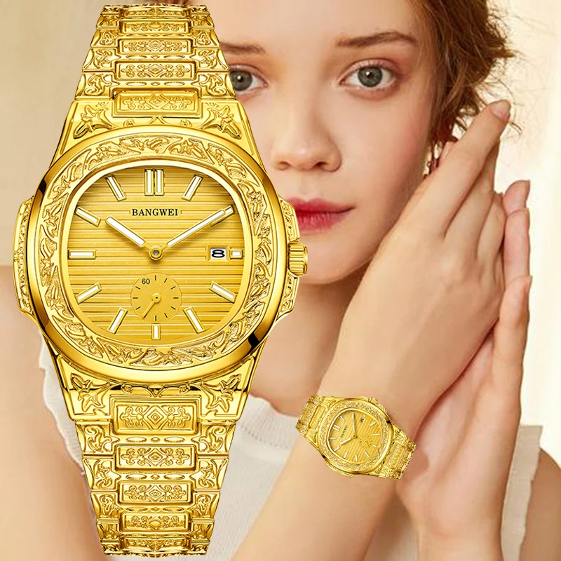 

BANGWEI Роскошные золотые женские часы, деловые светящиеся модные 30 м, водонепроницаемые, элегантные женские часы, кварцевые часы для женщин, reloj