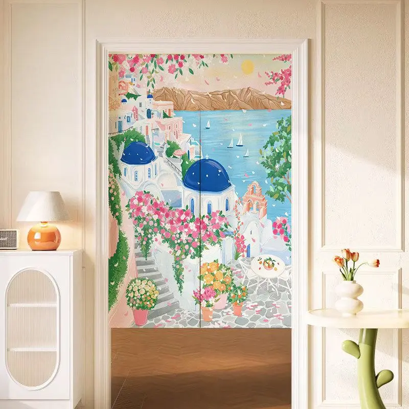 VIKAMA Mediterranean Seaside Landscape Noren Split Door Curtain Room Divider Privacy Curtain for Apartment Study Art Home Decor