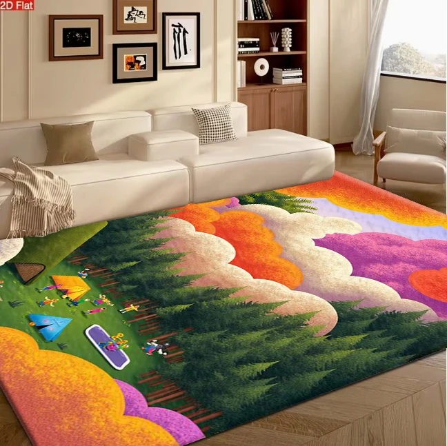 Carpet Flooring Colorful Forest Camping Scene Illustration Home Area Carpet Flooring Creative Art Style Indoor Floor Mat