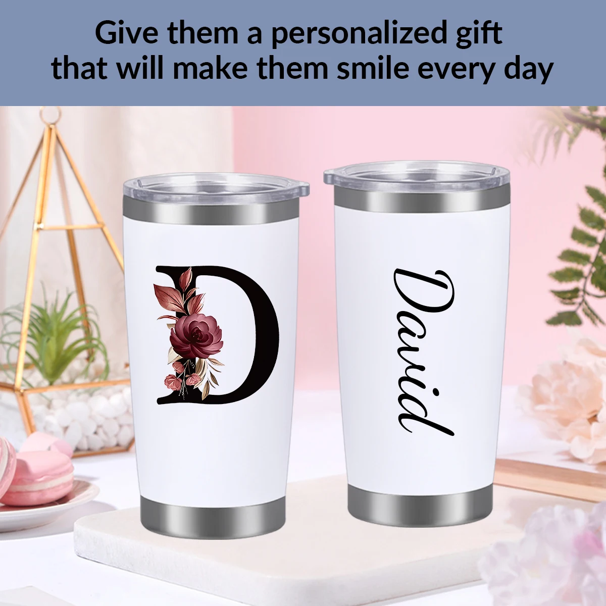 16oz Stainless Steel Customized Name Party Tumblers Hot Cold Insulated Mugs 3D Print Rose Letter Outdoor Travel Mugs Anniversary