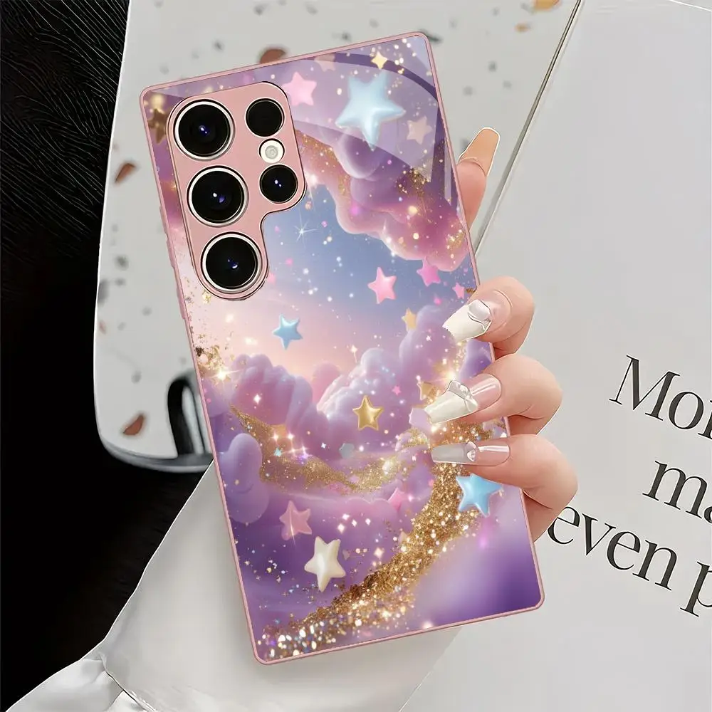 Colorful star design glass phone case suitable for Samsung Galaxy S26 S25 S24 S23 S22 S20 FE/Ultra/Plus shockproof back cover