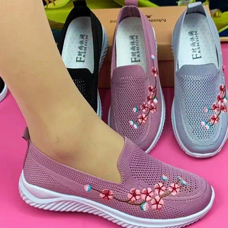 Women Sneakers Mesh Breathable Floral Comfort Mother Shoes Soft Solid Color Fashion Female Footwear Lightweight Zapatos De Mujer