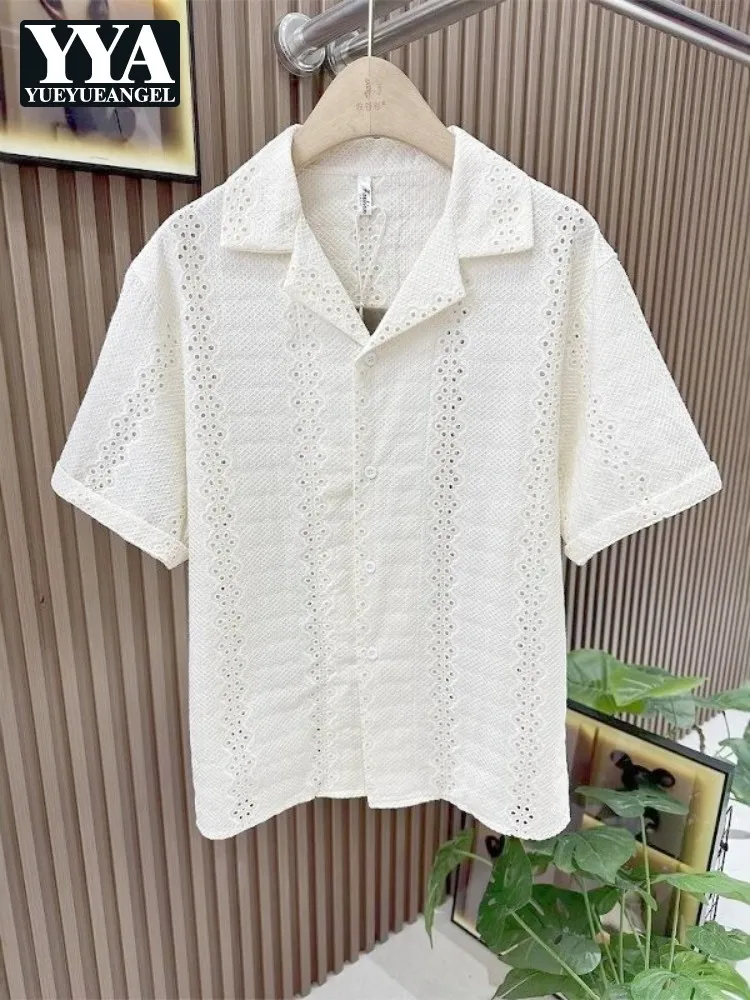 

Hot Sale Summer Male Hollow Out Short Sleeved Shirts Mens Retro Cuban Collar Thin Loose Casual Shirt Single Breasted Daily Tops