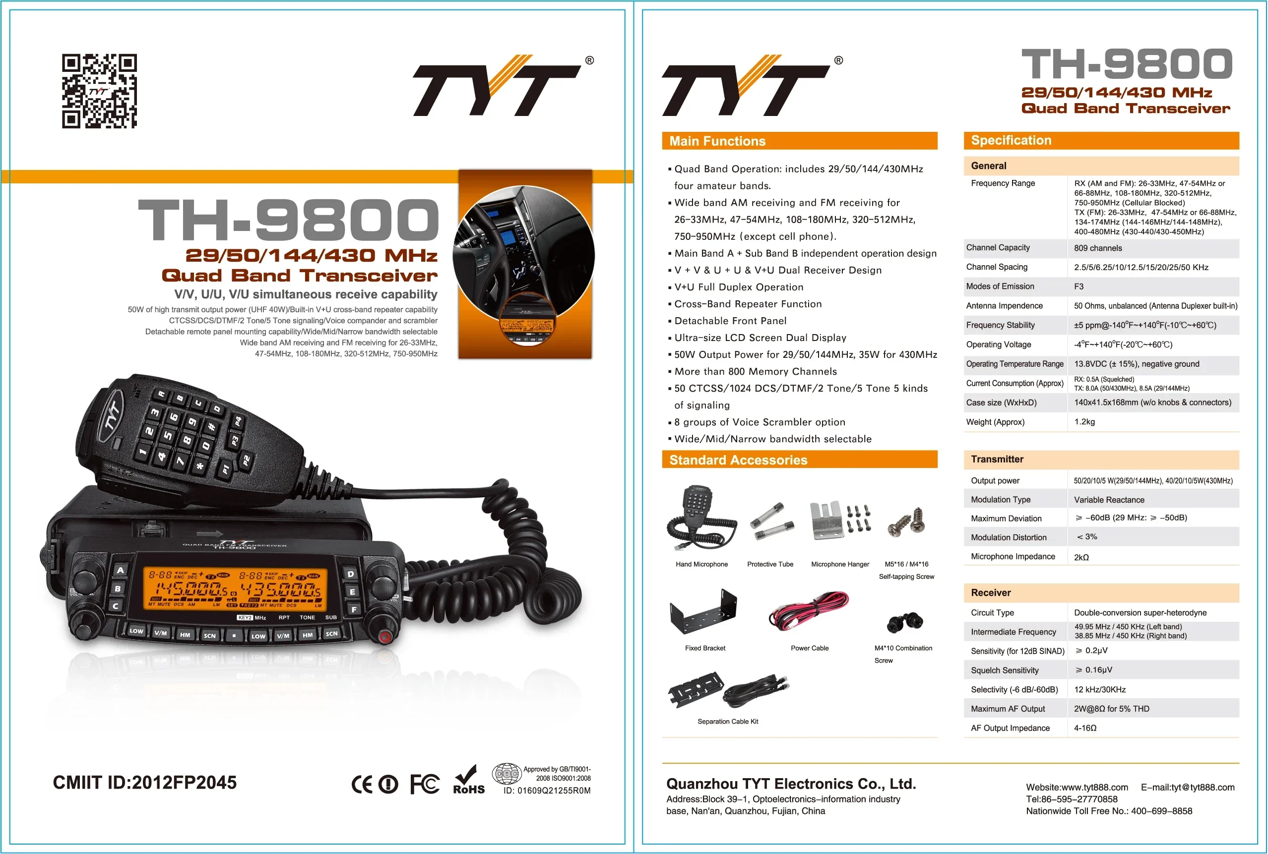 TYT TH-9800 High Power 50W Quad Band Mobile Hf Radio Transceiver Vhf Uhf Long Range Walkie Talkie 30km