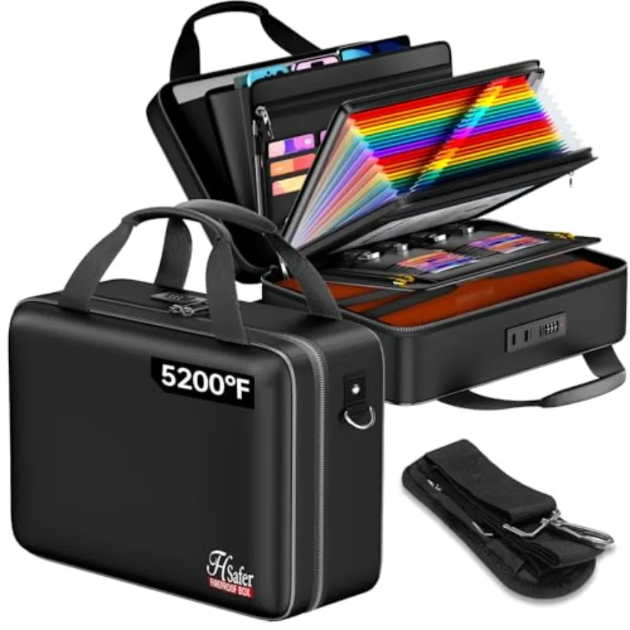 

5200℉ Fireproof Document Box with lock Hard-Shell Case File Organizer with 24 Pocket Accordion File Folder Portable Safe Box wi