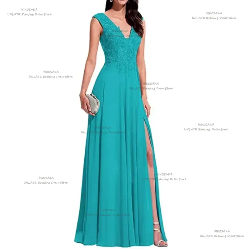 Customized Elegant Blue Evening Dress Chiffon V-back Sweet High Side Slit Appliques Lace Prom Dresses Vestidos Para Fiesta De Dí