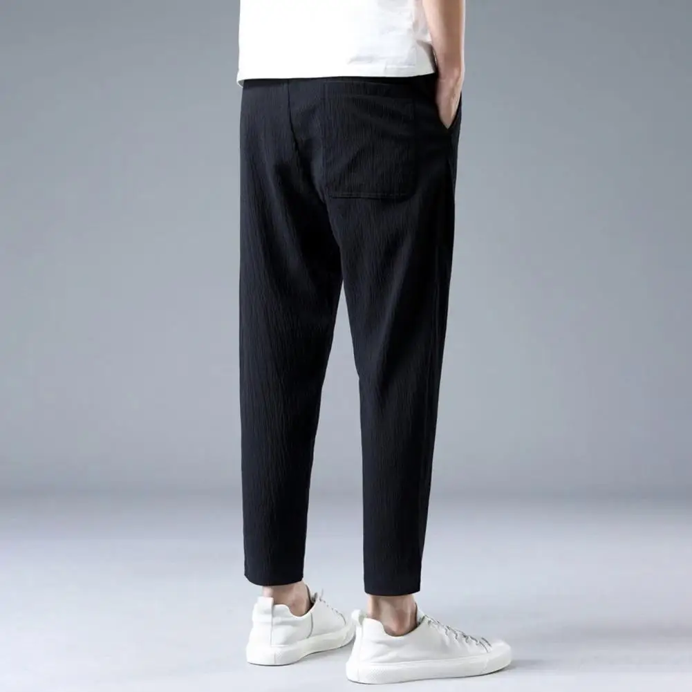 Side Pocket Men Pants Men's Drawstring Ninth Pants with Elastic Waist Straight Leg Pockets Loose Fit Solid Color for Daily