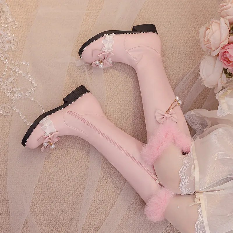 ASILETO Lolita Style Sweet Girl Knee High Boots Round Toe Flats Zipper Bowknot Warm Plush Women Winter Shoes Small Size 28 29