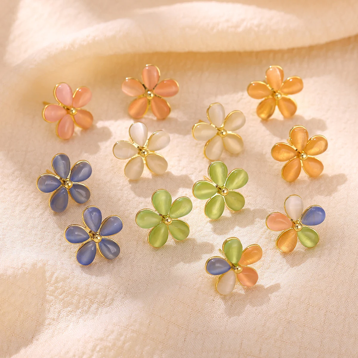 Style Dainty Cat Eye Daisy Earrings Multicolor Pastel Five Petal Flower Stud Gold Color Sweet Women Daily Vacation Jewelry Gift