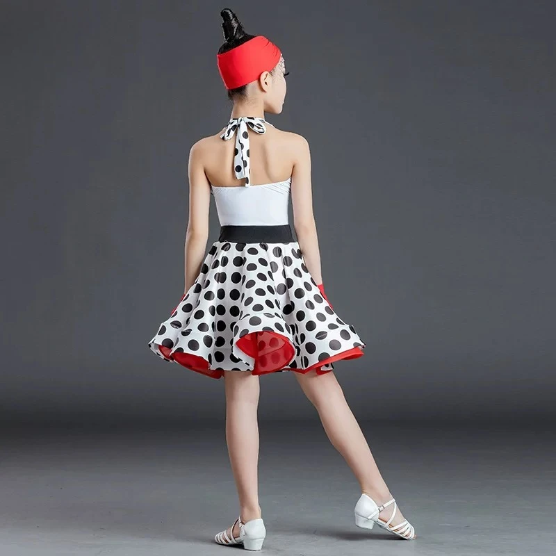 

Children'sLatindance costumeGirlspolkadotperformanceoutfit Professional training suit set DanceperformanceoutfitLarge skirt hem