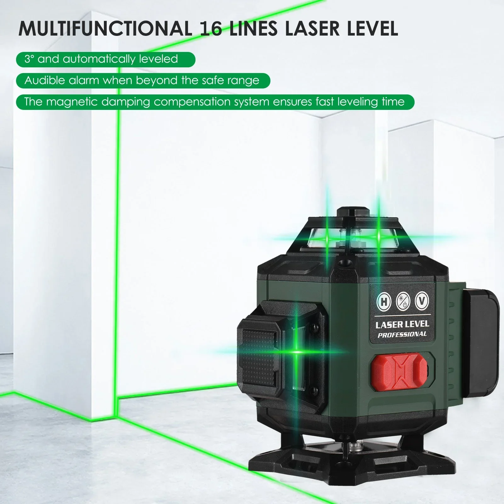 Super Powerful 3000mAh Battery Laser Level 16 Lines 4D Self-Leveling 360° Horizontal and Vertical Cross Green Laser Beam Line