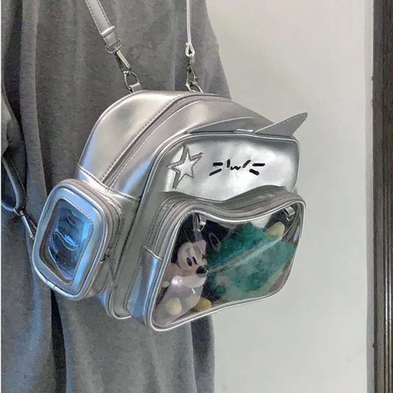 Y2K giappone argento gatto zaino carino Ita borse a tracolla dolce ragazza tasca trasparente borsa da viaggio donna borsa a tracolla Mochilas