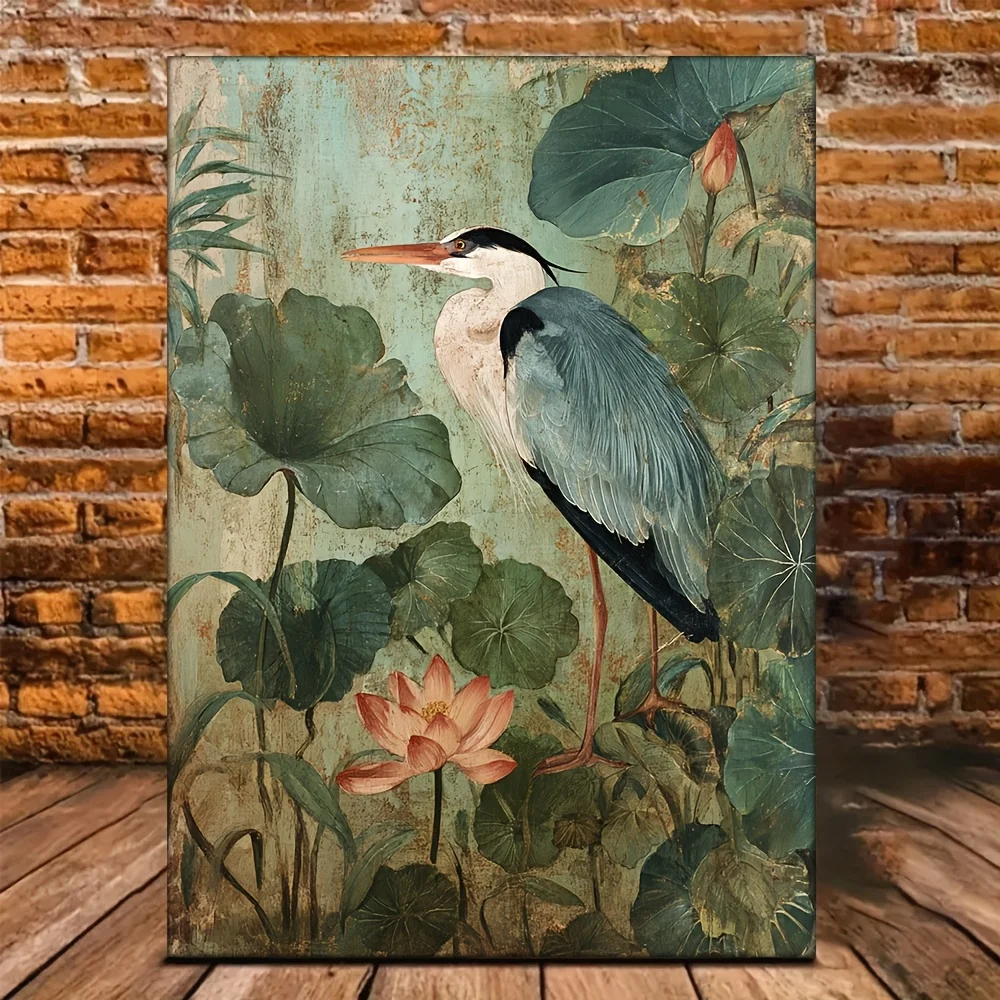 (No frame)1pc /European Chinoiserie Heron Bird Wall/Desk Art - Large 12x16 Inch Sage Green Wabi-Sabi Hand-Painted Look Oil Pa