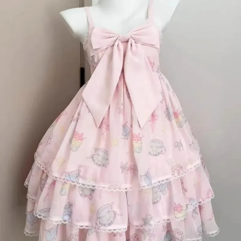 Summer Kawaii Sweet Japanese Lolita Mini Dress Y2K Vintage Off Shoulder Bow Jsk Cake Dress for Women Evening Party Lovely Outfit - view 3