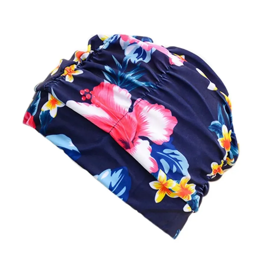 

2 Pack Pleated Swimming Cap Long Hair Cloth Febric Swim Caps Bathing Cap, Blue and Red Flowers