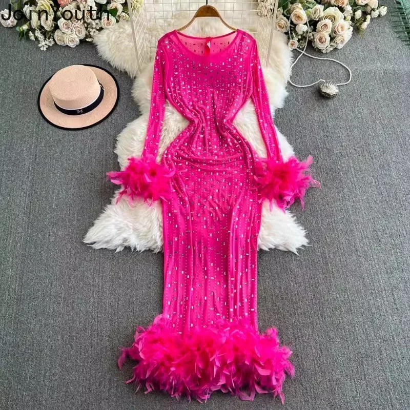 Maxi Dresses for Women O-neck Slim Waist Temperament Robe Femme Gauze Diamond Feather Sexy Party Dress 2024 Vestidos De Mujer